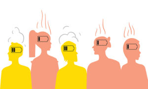 5 Figuren, die am Kopf ein leeres Batteriezeichen aufgemalt haben