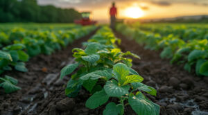 Fresh green sweet potato tops on a plantation bed close up, created with Generative AI technology