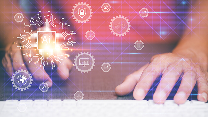 Businessman pointing to virtual AI icon.