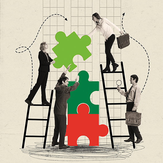 Contemporary art collage. People making puzzles with ladder, symbolizing team work.