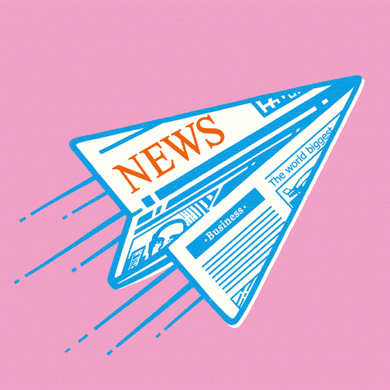 Paper airplane bearing newspaper extra on board concept.