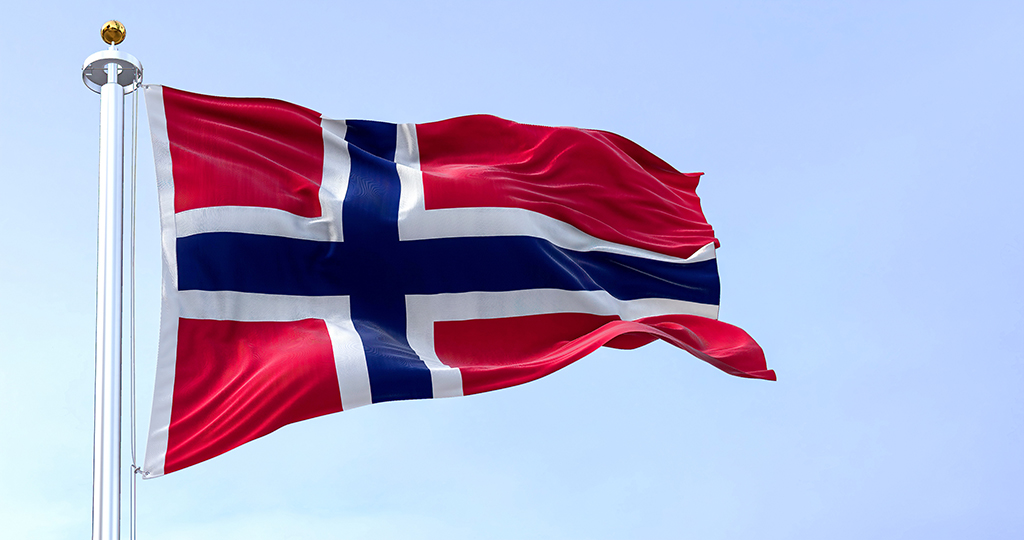 Close up view of the Norway national flag waving in the wind