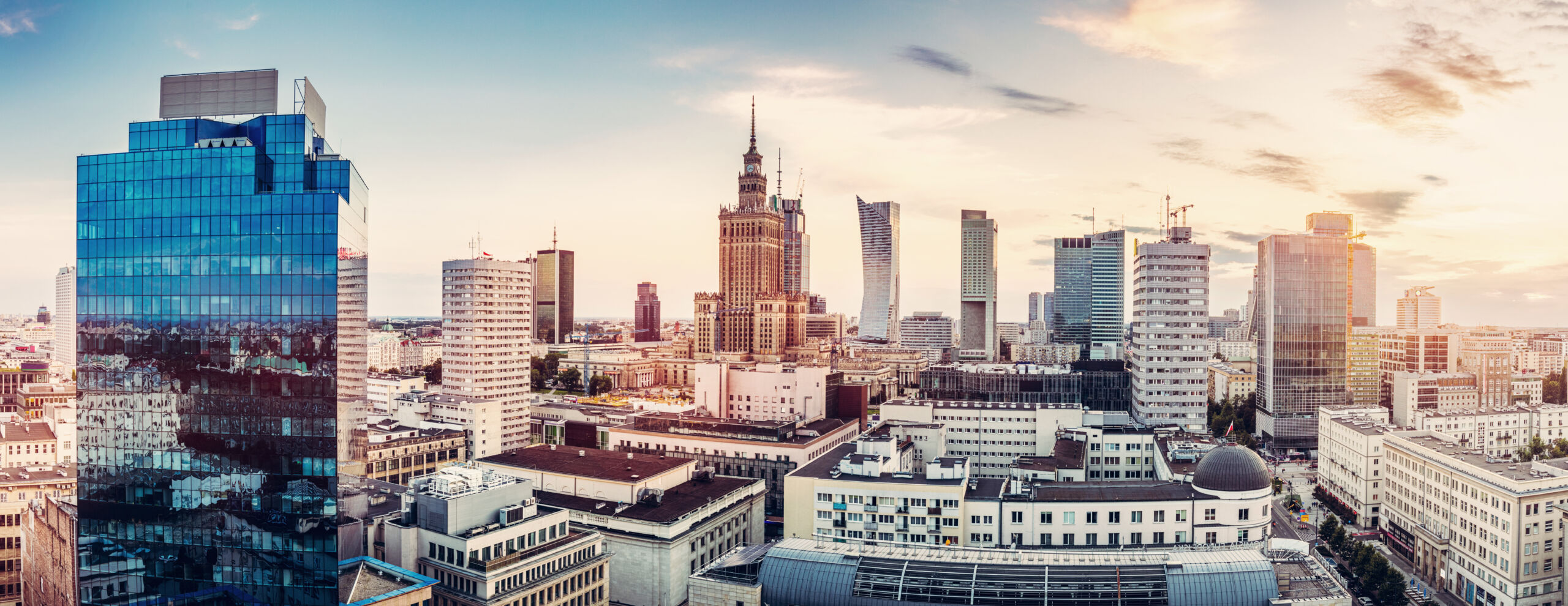 Warsaw, Poland panorama of city center at sunset