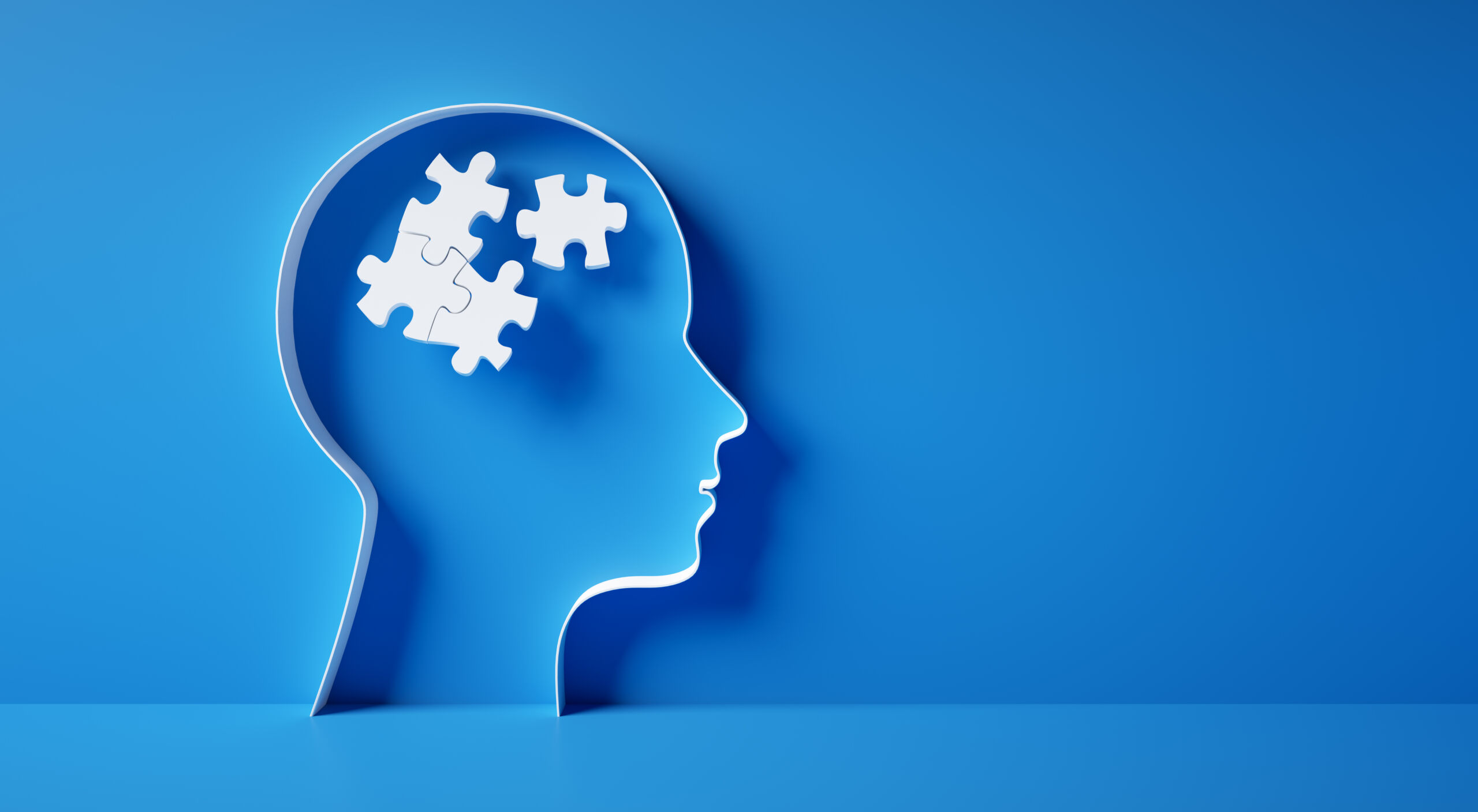 3D silhouette of a head with white puzzle pieces inside